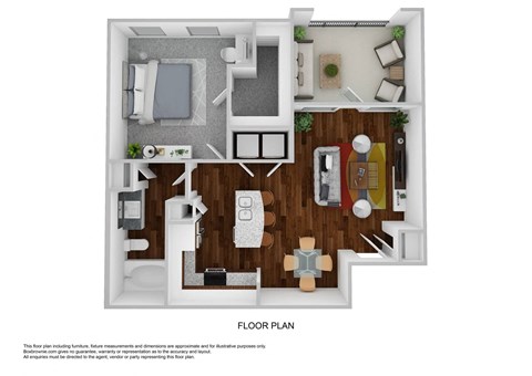 a stylized floor plan with a bedroom and living room